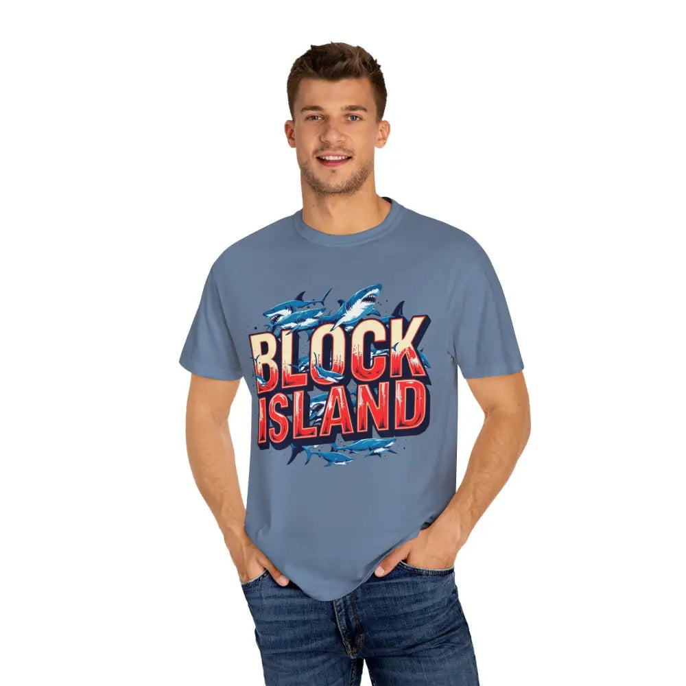 Block Island Shark Unisex T Shirt featuring a blue garment dyed casual tee with shark graphic