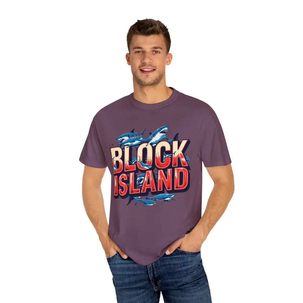 Mauve Block Island Shark Unisex T-Shirt with a vibrant shark graphic design