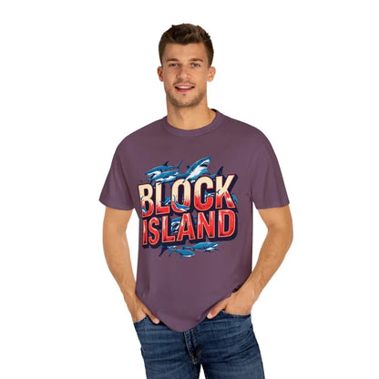 Mauve Block Island Shark Unisex T-Shirt with a vibrant shark graphic design