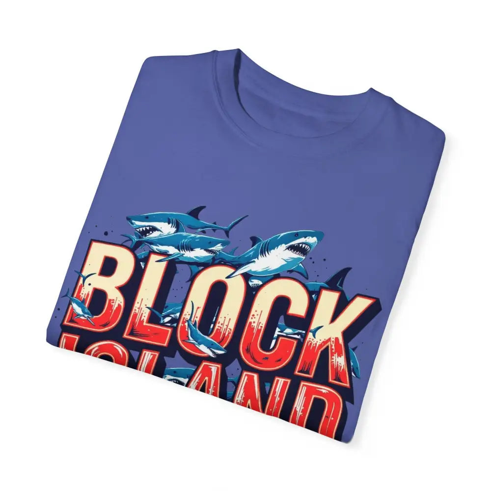 Folded blue t-shirt from Block Island Shark Unisex Garment Dyed Casual Tee collection