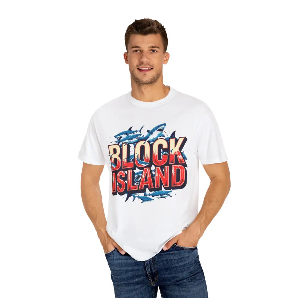 White Block Island Shark graphic T-shirt, unisex, garment dyed casual tee