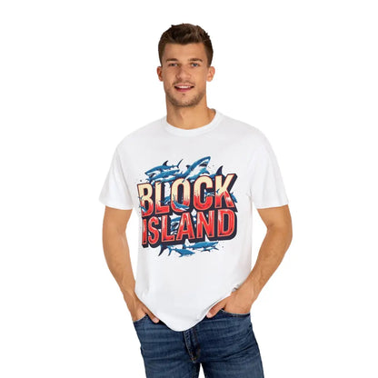 White Block Island Shark graphic T-shirt, unisex, garment dyed casual tee
