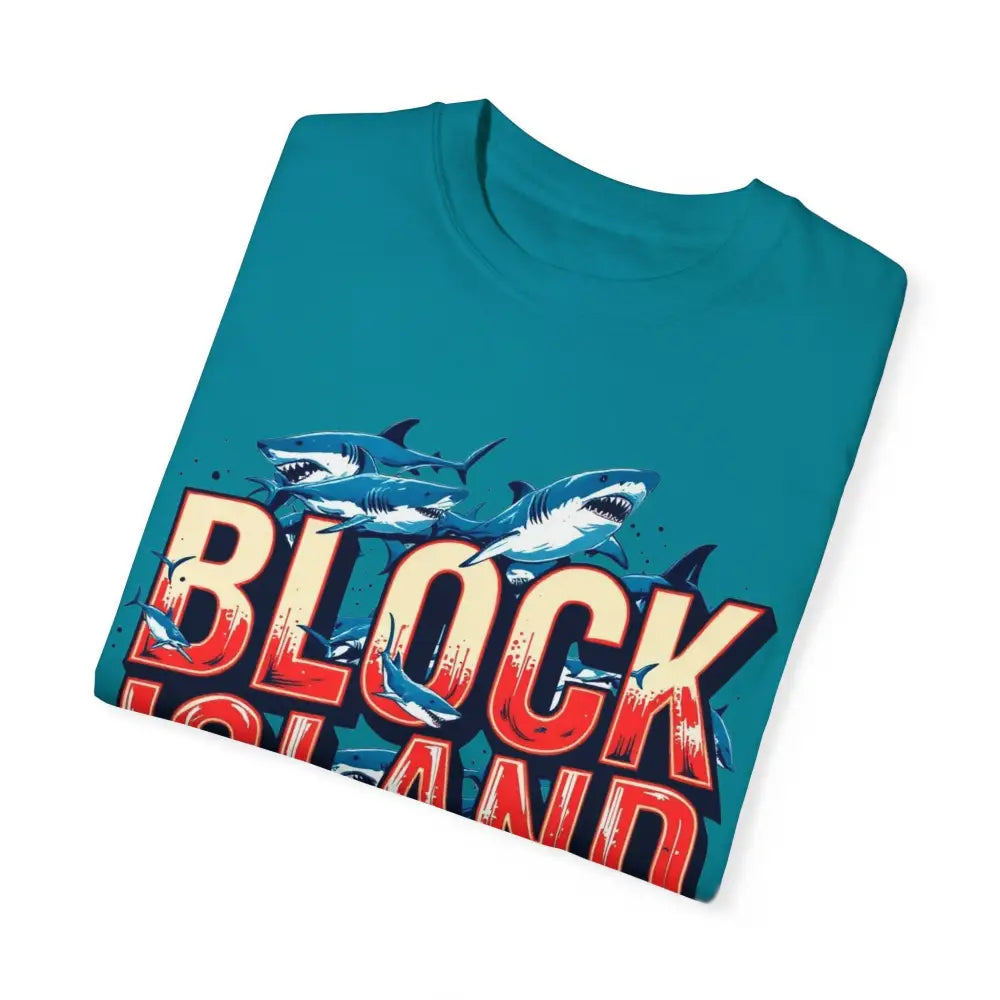 Teal Block Island Shark Unisex T-Shirt featuring a vibrant shark graphic design