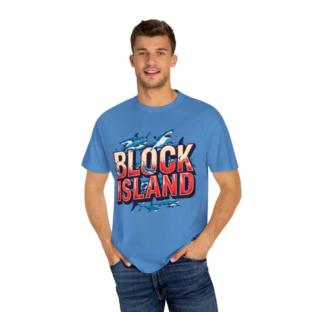 Blue Block Island Shark Unisex T Shirt with graphic in garment-dyed casual style