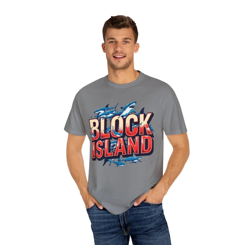 Gray Block Island Shark Unisex T-Shirt featuring text and shark graphics on casual tee