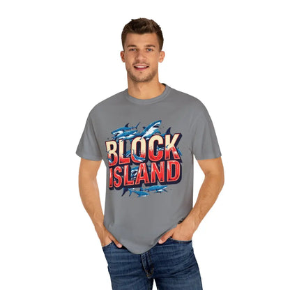Gray Block Island Shark Unisex T-Shirt featuring text and shark graphics on casual tee