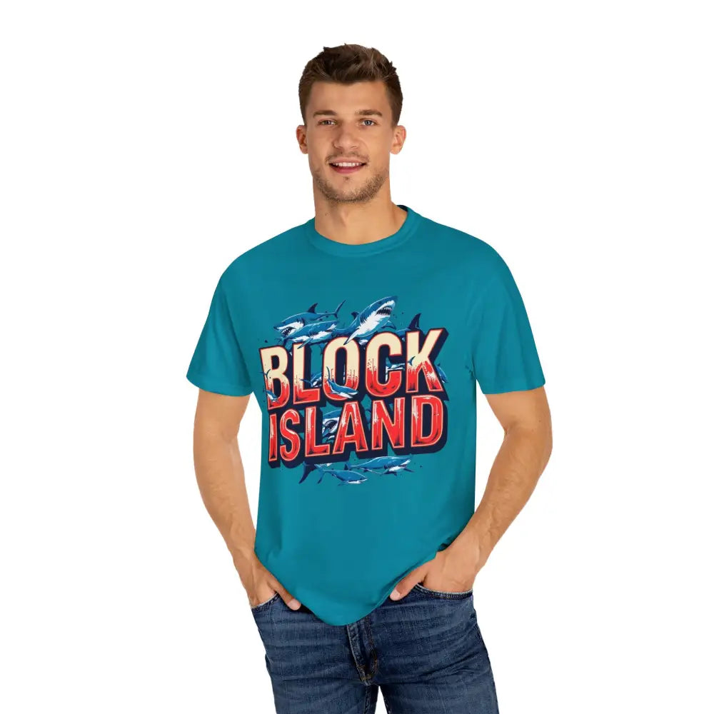 Man wearing a teal Block Island Shark Unisex T-Shirt Garment Dyed Casual Tee