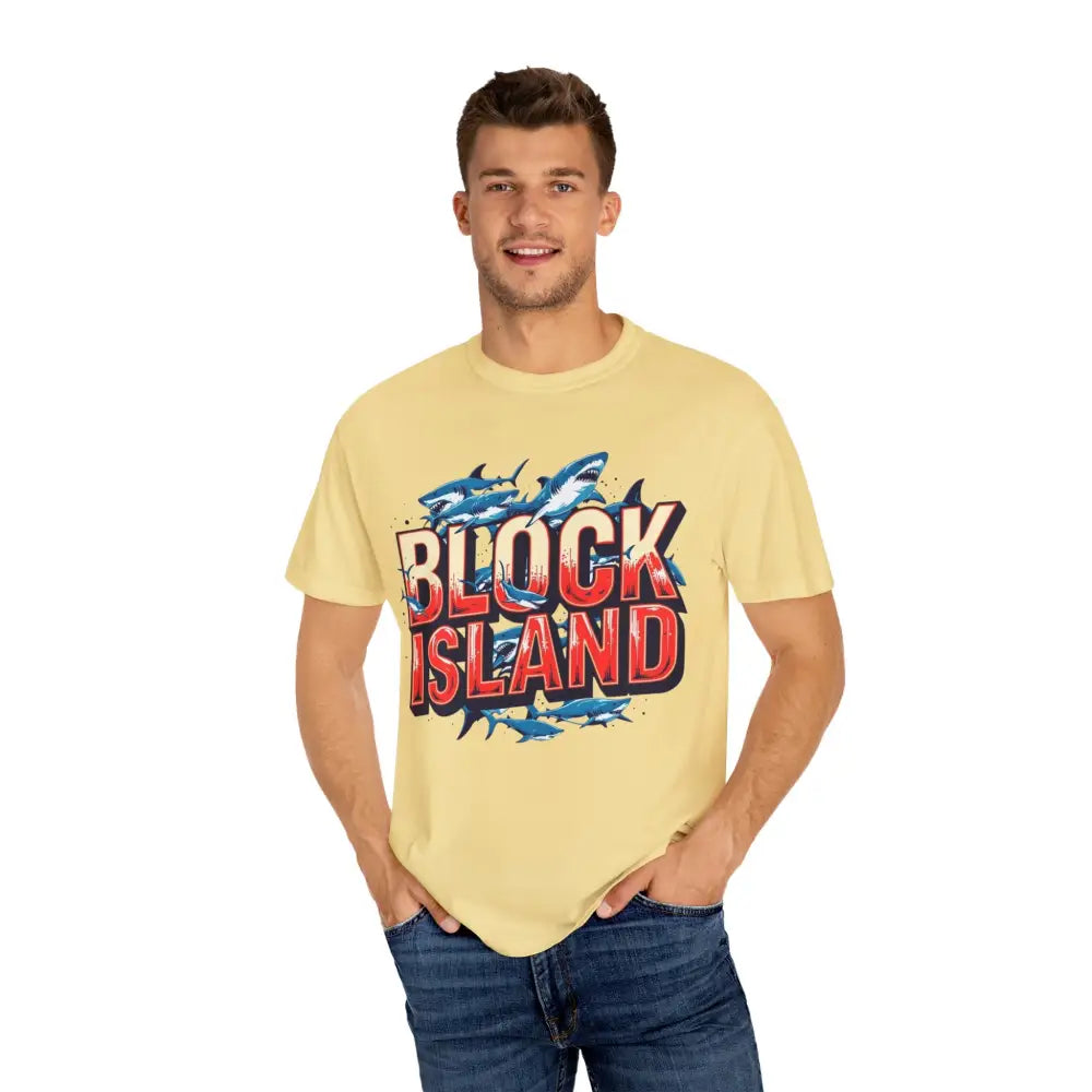 Man wearing a Block Island shirt from Block Island Shark Unisex T Shirt collection