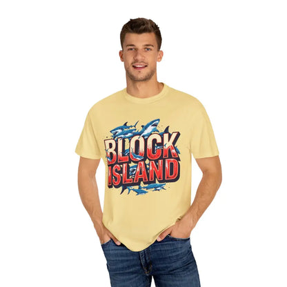 Man wearing a Block Island shirt from Block Island Shark Unisex T Shirt collection
