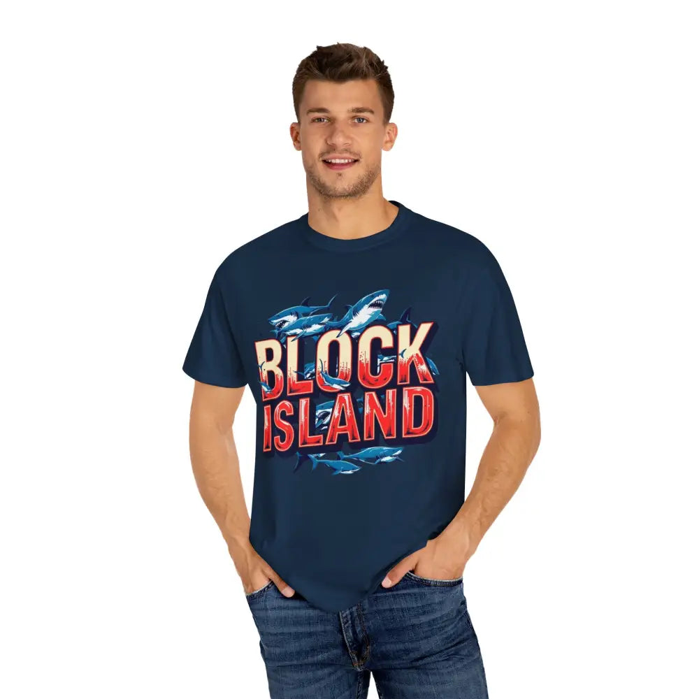 Man showcasing Block Island Shark Unisex T Shirt in casual garment dyed style