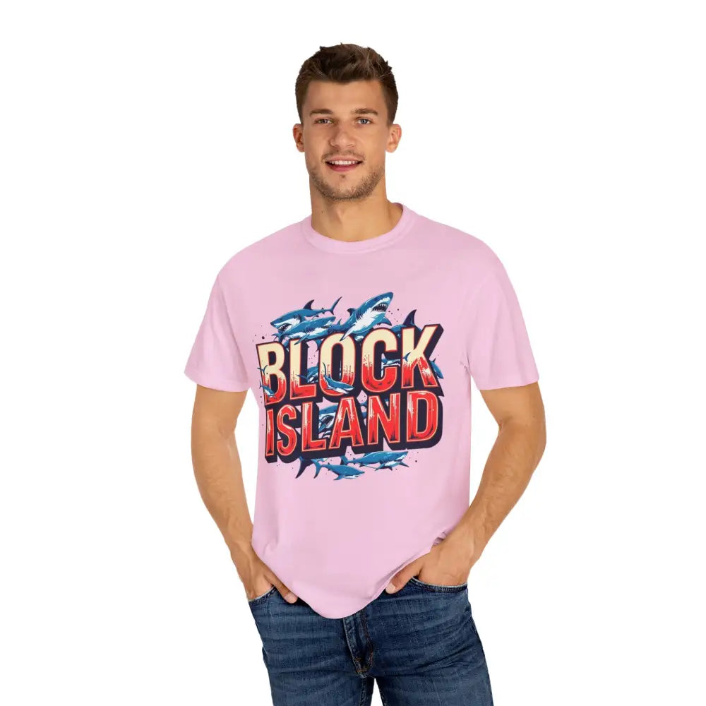 Pink Block Island Shark Unisex T-Shirt with graphic design, garment dyed casual tee