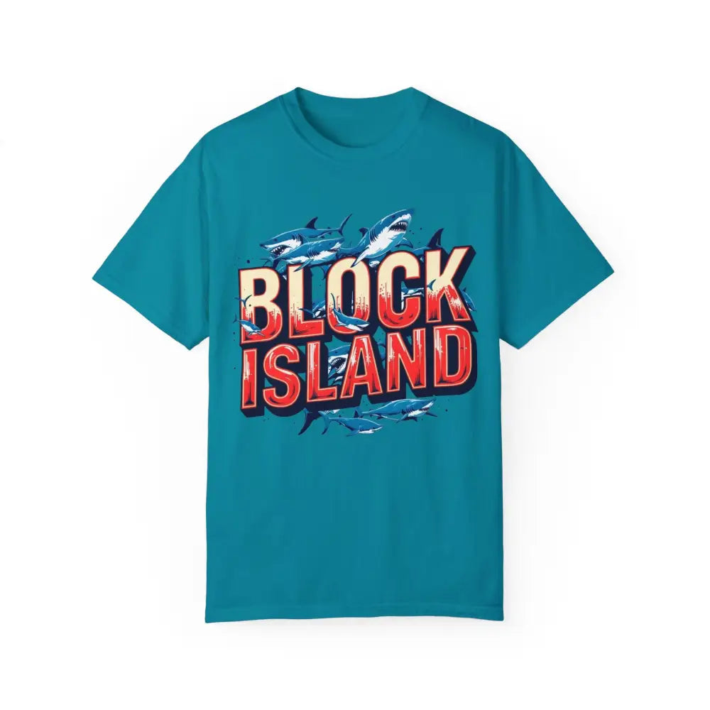Teal Block Island Shark Unisex T-Shirt with graphic design on casual garment dyed tee