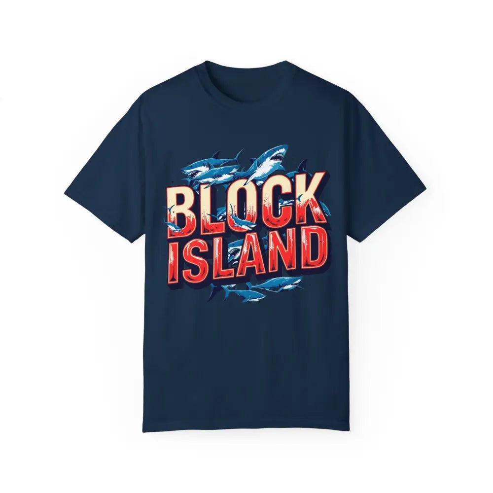 Navy blue Block Island Shark unisex t-shirt with graphic design and casual style