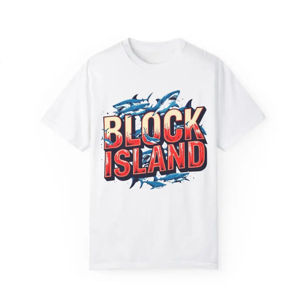 White Block Island graphic t-shirt from the Block Island Shark unisex casual tee collection