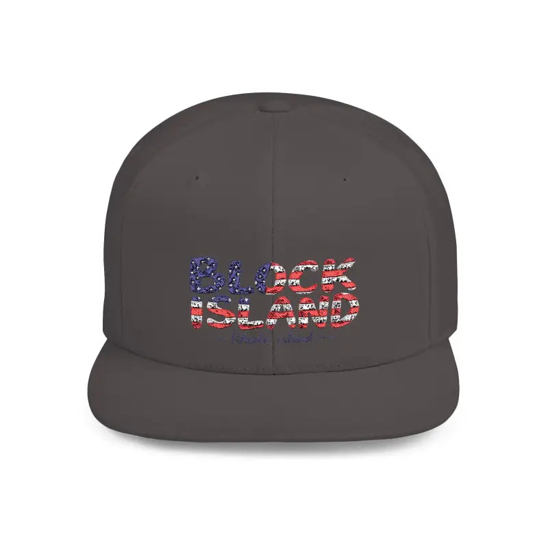 Gray Block Island Snapback Cap featuring stylish text design for casual wear