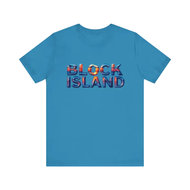 Blue Block Island Sunset Unisex Jersey Tee featuring Block Island text design