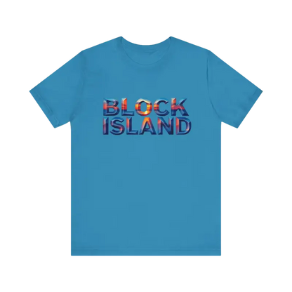 Blue Block Island Sunset Unisex Jersey Tee featuring Block Island text design