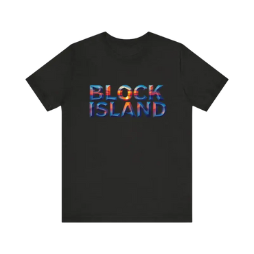 Black t-shirt featuring Block Island text on Block Island Sunset Unisex Jersey Tee