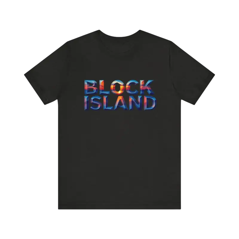 Black t-shirt featuring Block Island text on Block Island Sunset Unisex Jersey Tee