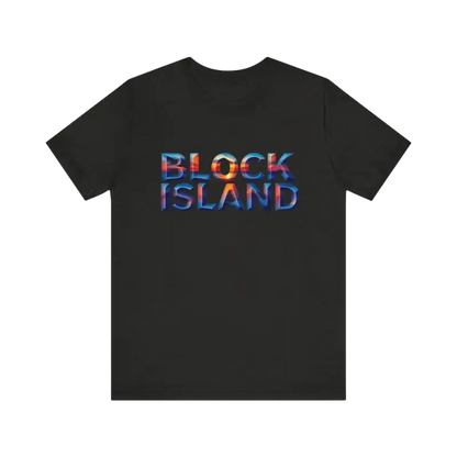 Black t-shirt featuring Block Island text on Block Island Sunset Unisex Jersey Tee