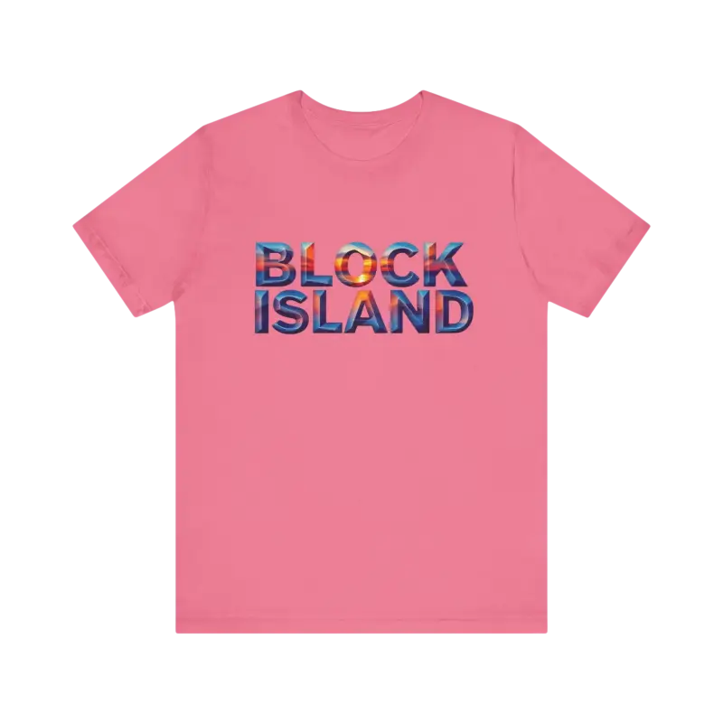 Pink Block Island Sunset Unisex Jersey Tee featuring bold Block Island text design