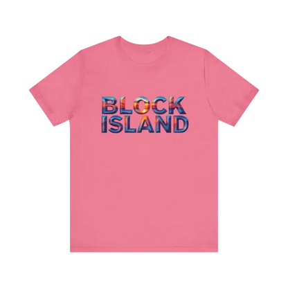 Pink Block Island Sunset Unisex Jersey Tee featuring bold Block Island text design