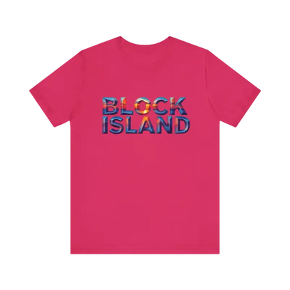 Pink Block Island Sunset Unisex Jersey Tee featuring Block Island text design