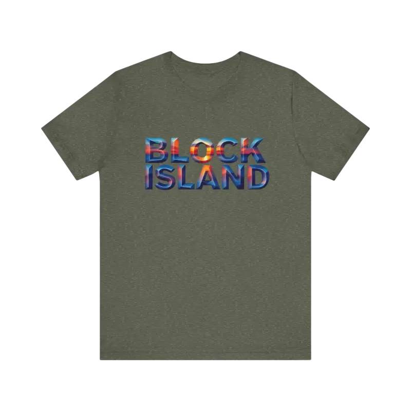 Olive green Block Island Sunset Unisex Jersey Tee displayed on a neutral background