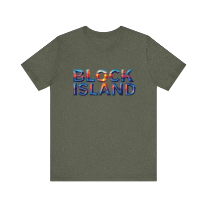 Olive green Block Island Sunset Unisex Jersey Tee displayed on a neutral background