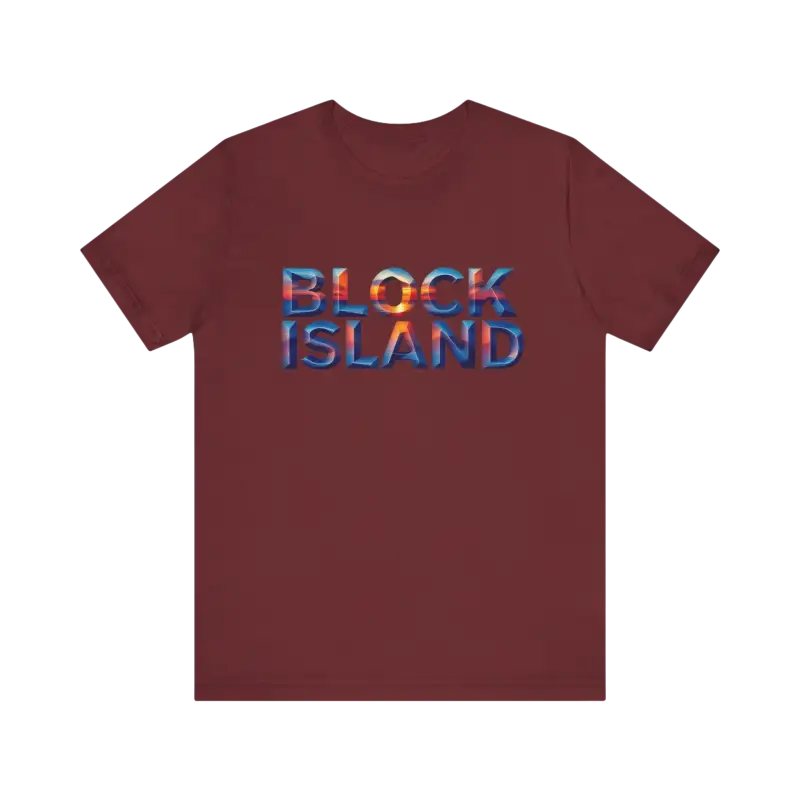 Maroon t-shirt featuring Block Island text from the Block Island Sunset Unisex Jersey Tee