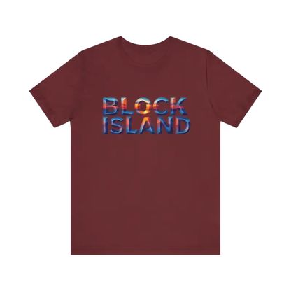 Maroon t-shirt featuring Block Island text from the Block Island Sunset Unisex Jersey Tee