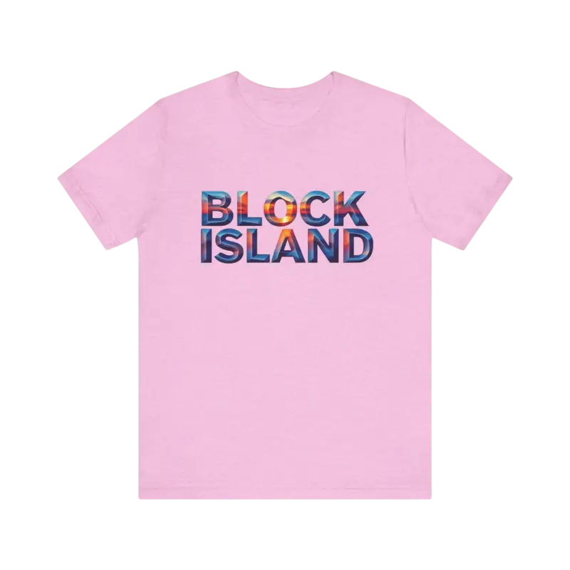 Pink Block Island Sunset Unisex Jersey Tee featuring bold Block Island text