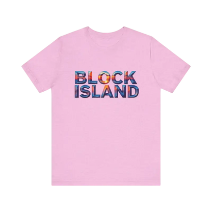 Pink Block Island Sunset Unisex Jersey Tee featuring bold Block Island text