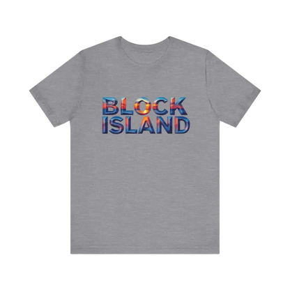 Gray Block Island Sunset Unisex Jersey Tee featuring Block Island text design