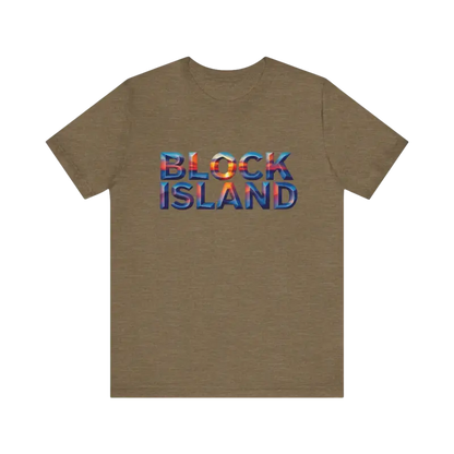 Olive-green Block Island Sunset Unisex Jersey Tee displayed on a neutral background
