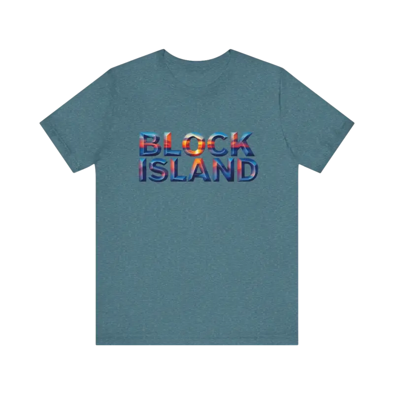 Blue Block Island Sunset Unisex Jersey Tee featuring Block Island text design