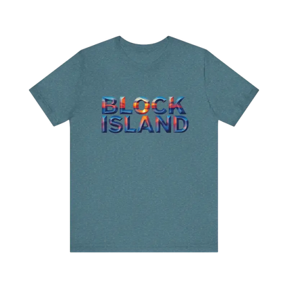 Blue Block Island Sunset Unisex Jersey Tee featuring Block Island text design