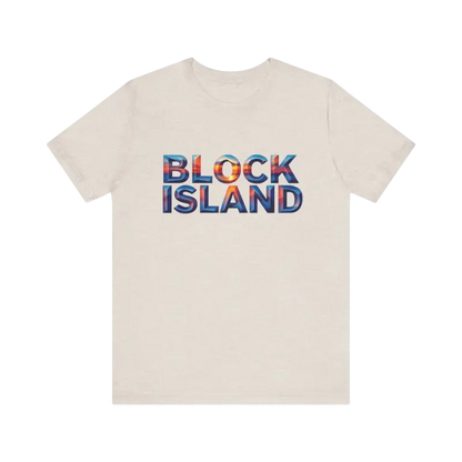 Beige Block Island Sunset Unisex Jersey Tee with stylish text design
