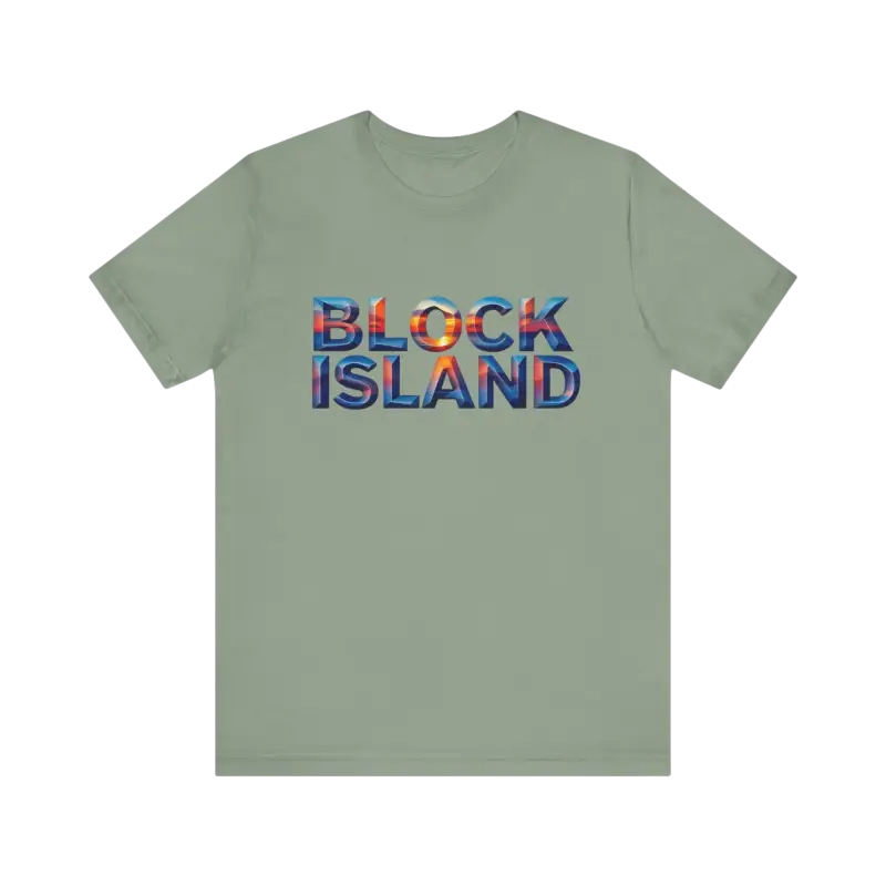 Sage green Block Island Sunset Unisex Jersey Tee displayed on a neutral background