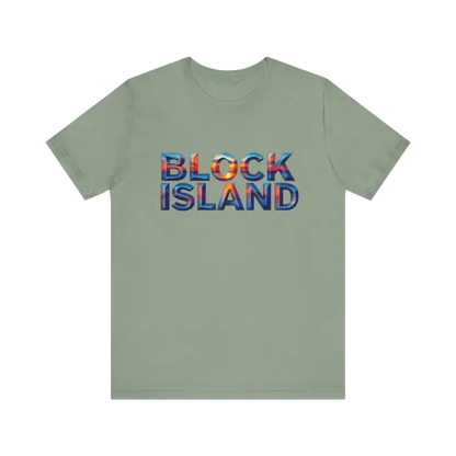 Sage green Block Island Sunset Unisex Jersey Tee displayed on a neutral background