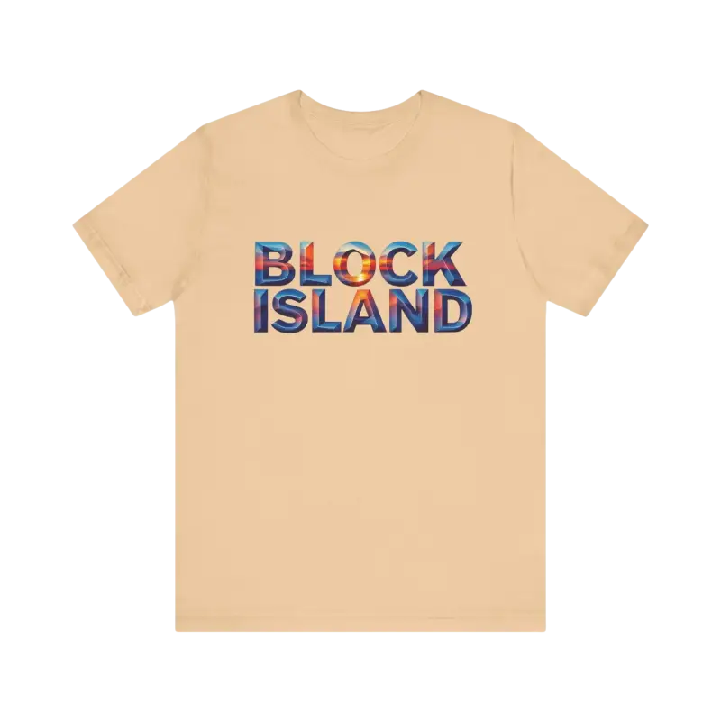 Peach-colored Block Island Sunset Unisex Jersey Tee with Block Island text design