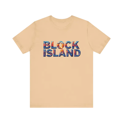 Peach-colored Block Island Sunset Unisex Jersey Tee with Block Island text design
