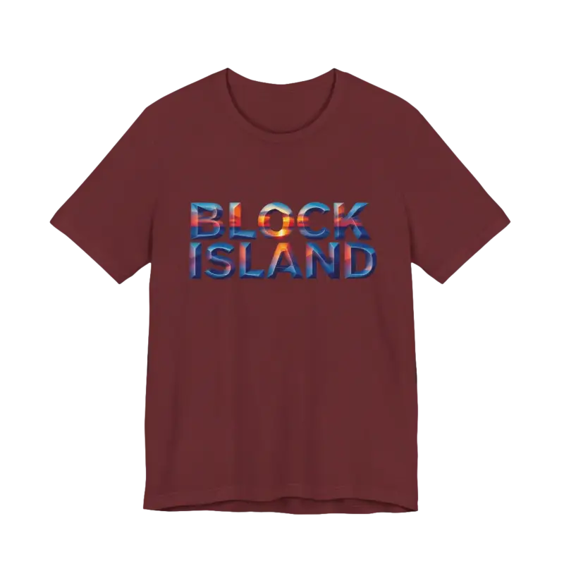 Maroon t-shirt featuring Block Island text from the Block Island Sunset Unisex Jersey Tee