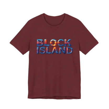 Maroon t-shirt featuring Block Island text from the Block Island Sunset Unisex Jersey Tee