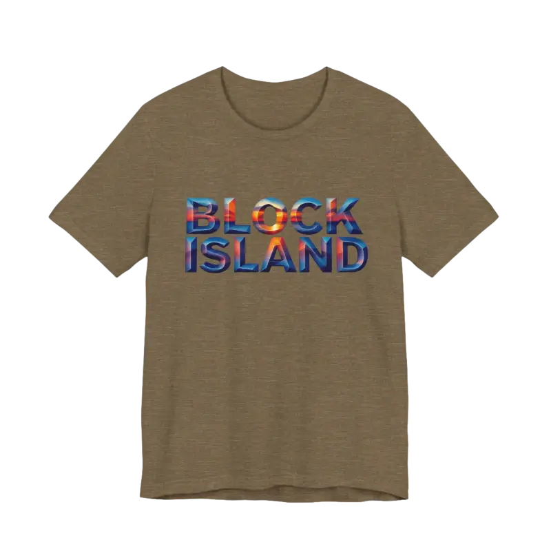 Olive-green t-shirt featuring Block Island text from Block Island Sunset Unisex Jersey Tee