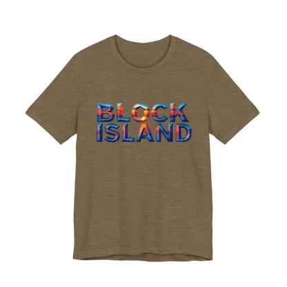 Olive-green t-shirt featuring Block Island text from Block Island Sunset Unisex Jersey Tee