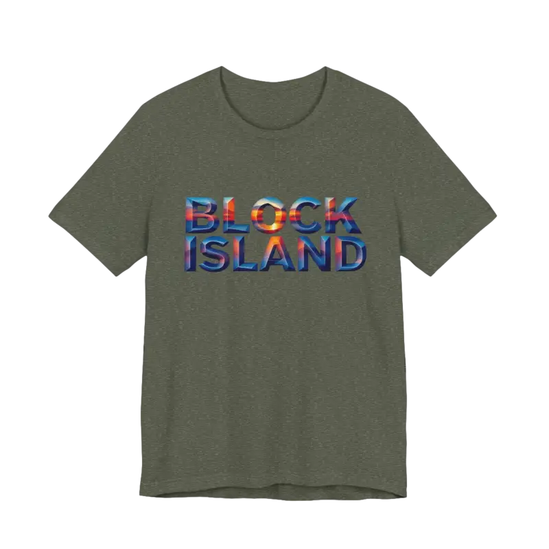Olive green Block Island Sunset Unisex Jersey Tee displayed for purchase