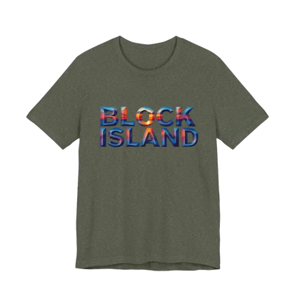 Olive green Block Island Sunset Unisex Jersey Tee displayed for purchase