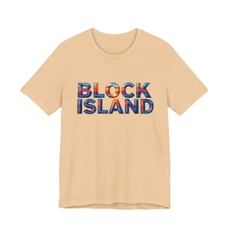 Beige t-shirt featuring Block Island text, part of the Block Island Sunset collection