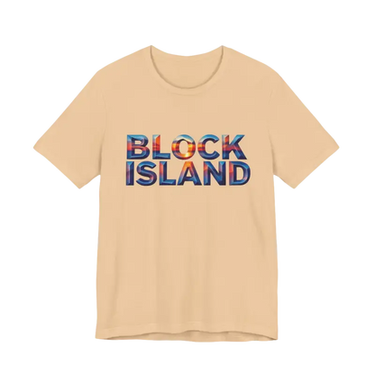 Beige t-shirt featuring Block Island text, part of the Block Island Sunset collection